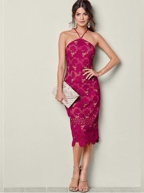 VENUS Fuchsia Lace Halter Midi Dress - 8